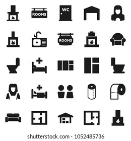 Flat vector icon set - toilet vector, paper, water closet, sink, cleaner woman, hospital bed, barn, plan, rooms signboard, cushioned furniture, fireplace, window