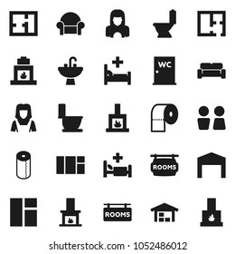 Flat vector icon set - toilet vector, paper, water closet, sink, cleaner woman, hospital bed, barn, plan, rooms signboard, cushioned furniture, fireplace, window