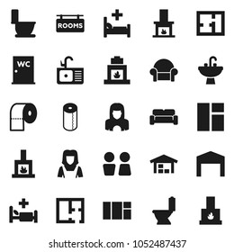 Flat vector icon set - toilet vector, paper, water closet, sink, cleaner woman, hospital bed, barn, plan, rooms signboard, cushioned furniture, fireplace, window