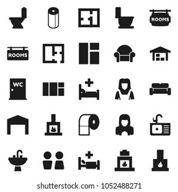 Flat vector icon set - toilet vector, paper, water closet, sink, cleaner woman, hospital bed, barn, plan, rooms signboard, cushioned furniture, fireplace, window