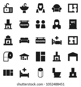 Flat vector icon set - toilet vector, paper, water closet, sink, cleaner woman, hospital bed, barn, plan, rooms signboard, cushioned furniture, fireplace, window