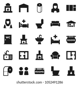 Flat vector icon set - toilet vector, paper, water closet, sink, cleaner woman, hospital bed, barn, plan, rooms signboard, cushioned furniture, fireplace, window