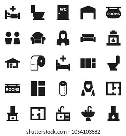 Flat vector icon set - toilet vector, paper, water closet, sink, cleaner woman, hospital bed, barn, plan, rooms signboard, cushioned furniture, fireplace, window
