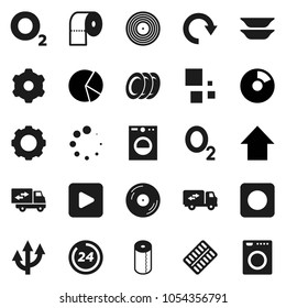 Flat vector icon set - toilet paper vector, plates, pie graph, arrow up, oxygen, disk, play button, rec, pills blister, gear, redo, loading, route, relocation truck, 24 hour, washer