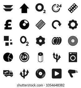 Flat vector icon set - toilet paper vector, plates, pie graph, arrow up, pound, oxygen, disk, play button, pills blister, gear, redo, loading, route, relocation truck, 24 hour, washer, hair dryer