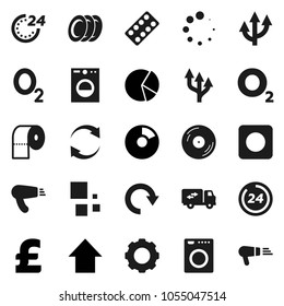 Flat vector icon set - toilet paper vector, plates, pie graph, arrow up, pound, oxygen, disk, rec button, pills blister, gear, refresh, redo, loading, route, relocation truck, 24 hour, washer
