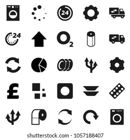 Flat vector icon set - toilet paper vector, plates, pie graph, arrow up, pound, oxygen, rec button, pills blister, gear, refresh, redo, loading, route, relocation truck, 24 hour, washer