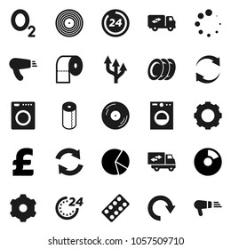 Flat vector icon set - toilet paper vector, plates, pie graph, pound, oxygen, disk, pills blister, gear, refresh, redo, loading, route arrow, relocation truck, 24 hour, washer, hair dryer