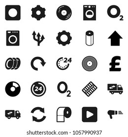 Flat vector icon set - toilet paper vector, plates, pie graph, arrow up, pound, oxygen, disk, play button, rec, pills blister, gear, refresh, redo, route, relocation truck, 24 hour, washer