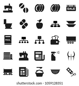 Flat vector icon set - toilet vector, washing powder, sprayer, plates, colander, apple fruit, hierarchy, buttocks, Railway carriage, truck trailer, newspaper, pills, mailbox, sale signboard, toaster