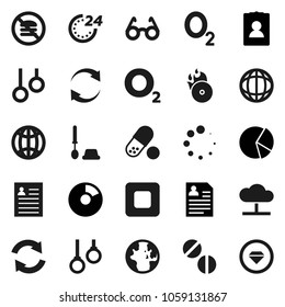 Flat vector icon set - toilet brush vector, glasses, world, personal information, pie graph, pills, no fastfood, gymnast rings, oxygen, music hit, stop button, cloud network, refresh, loading, globe