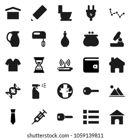 Flat vector icon set - toilet vector, sprayer, oil, jug, pencil, microscope, world, constellation, wallet, sand clock, tie, dry cargo, dna, syringe, home, key, mountain, clothes, menu, power plug