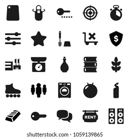 Flat vector icon set - toilet brush vector, washer, cleaning agent, oil, apron, cook timer, cutting board, book, gold ingot, man, dollar shield, fitball, roller Skates, target, cereals, no trolley