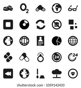 Flat vector icon set - toilet brush vector, glasses, world, personal information, pie graph, pills, no fastfood, oxygen, earth, stop button, backward, cloud network, refresh, loading, globe, 24 hour
