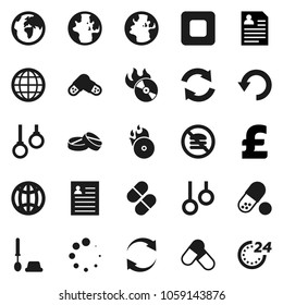 Flat vector icon set - toilet brush vector, world, personal information, pound, pills, no fastfood, gymnast rings, earth, music hit, stop button, refresh, undo, loading, globe, 24 hour