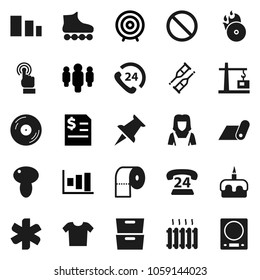 Flat vector icon set - toilet paper vector, cleaner woman, mushroom, cake, archive, graph, annual report, target, man, roller Skates, fitness mat, prohibition sign, phone 24, sorting, disk, crutches