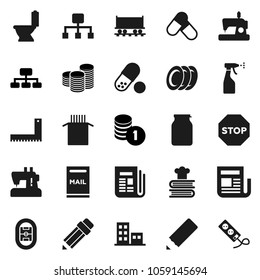 Flat vector icon set - toilet vector, sprayer, cookbook, plates, jar, pasta, pencil, corner ruler, coin stack, hierarchy, pills, stadium, Railway carriage, newspaper, stop, mailbox, apartments