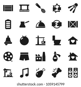 Flat vector icon set - toilet vector, skimmer, turk coffee, dish, chicken leg, bell, music, fitball, shorts, shuttlecock, wood box, film frame, spool, battery, broken bone, potion, disconnection