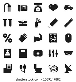 Flat vector icon set - toilet vector, rubber glove, shower, colander, scales, copybook, pencil, ruler, personal information, muscule hand, first aid kit, hoop, car, settings, heart, rca, vial, store