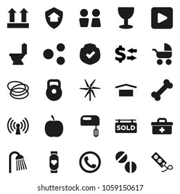 Flat vector icon set - toilet vector, shower, water closet, exchange, diet, weight, heart monitor, bone, hoop, glass, dry cargo, top sign, protected, play button, doctor bag, pills, share, windmill