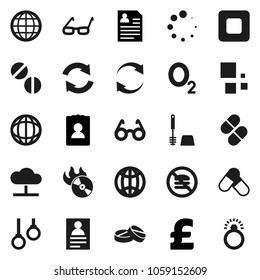 Flat vector icon set - toilet brush vector, glasses, world, personal information, pound, pills, no fastfood, gymnast rings, oxygen, music hit, stop button, cloud network, refresh, loading, globe