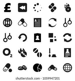 Flat vector icon set - toilet brush vector, personal information, pie graph, pound, pills, gymnast rings, oxygen, music hit, backward button, refresh, undo, loading, globe