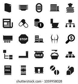 Flat vector icon set - toilet vector, washing powder, plates, cookbook, pasta, corner ruler, coin stack, money search, hierarchy, buttocks, pills, stadium, truck trailer, Railway carriage, newspaper