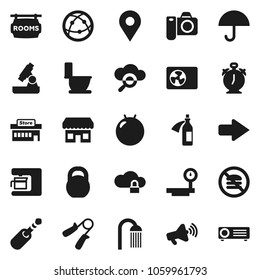 Flat vector icon set - toilet vector, shower, microscope, alarm clock, weight, hand trainer, fitball, no fastfood, umbrella, big scales, loudspeaker, internet, jack, potion, cloud glass, lock, arrow