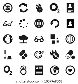 Flat vector icon set - toilet brush vector, glasses, personal information, pills, no fastfood, oxygen, earth, music hit, cloud network, refresh, undo, loading, globe, 24 hour, diamond ring