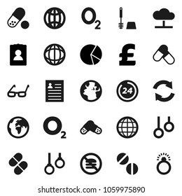 Flat vector icon set - toilet brush vector, glasses, world, personal information, pie graph, pound, pills, no fastfood, gymnast rings, oxygen, earth, cloud network, refresh, globe, 24 hour