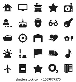 Flat vector icon set - toilet brush vector, foam basin, oven, cake, glasses, music, flag, oxygen, delivery, radio, monitor, favorites, heart pulse, login, siren, house, chalet, windmill, barn, star