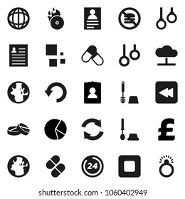Flat vector icon set - toilet brush vector, world, personal information, pie graph, pound, pills, no fastfood, gymnast rings, earth, music hit, stop button, backward, cloud network, refresh, undo