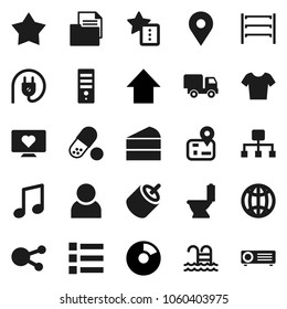 Flat vector icon set - toilet vector, cake, music, pie graph, arrow up, t shirt, pills, pool, heart monitor, navigator, map pin, document, shelving, social media, rca, favorites, globe, hierarchy