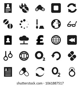 Flat vector icon set - toilet brush vector, glasses, world, personal information, pound, pills, gymnast rings, oxygen, earth, music hit, stop button, backward, cloud network, refresh, undo, loading