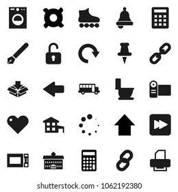 Flat vector icon set - toilet vector, microwave oven, pen, university, bell, school bus, calculator, arrow up, any currency, roller Skates, heart, thumbtack, forward button, redo, loading, chain