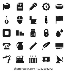 Flat vector icon set - toilet vector, jug, sieve, pen, ruler, flag, tie, hand trainer, muscule, medal, phone 24, truck trailer, sorting, Railway carriage, microphone, stop button, thermometer, lock