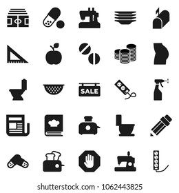 Flat vector icon set - toilet vector, sprayer, plates, colander, cookbook, pencil, corner ruler, apple fruit, coin stack, stadium, buttocks, pills, newspaper, stop, sale signboard, mailbox, toaster