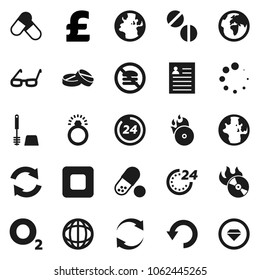 Flat vector icon set - toilet brush vector, glasses, world, personal information, pound, pills, no fastfood, oxygen, earth, music hit, stop button, refresh, undo, loading, 24 hour, diamond ring