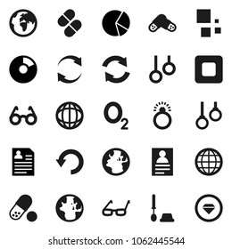 Flat vector icon set - toilet brush vector, glasses, world, personal information, pie graph, pills, gymnast rings, oxygen, earth, stop button, refresh, undo, loading, globe, diamond ring