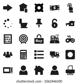 Flat vector icon set - toilet vector, microwave oven, abacus, calculator, target, any currency, gamepad, touchscreen, group, thumbtack, rec button, menu, home, arrow, loading, unlock, user, cottage