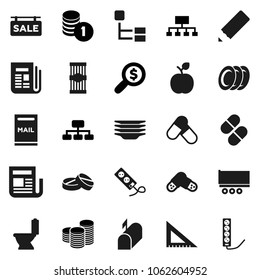 Flat vector icon set - toilet vector, plates, pasta, pencil, corner ruler, apple fruit, coin stack, money search, hierarchy, pills, truck trailer, newspaper, mailbox, sale signboard, multi socket