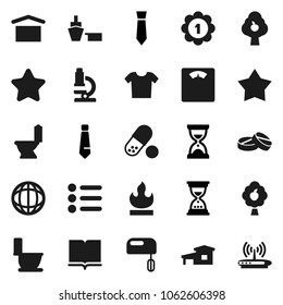 Flat vector icon set - toilet vector, book, microscope, world, sand clock, tie, scales, medal, pills, port, dry cargo, flammable, cottage, fruit tree, star, clothes, menu, mixer, router