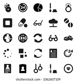 Flat vector icon set - toilet brush vector, glasses, world, personal information, pie graph, pills, gymnast rings, music hit, stop button, cloud network, refresh, loading, globe, 24 hour