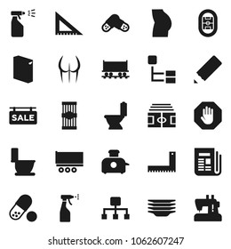 Flat vector icon set - toilet vector, washing powder, sprayer, plates, pasta, pencil, corner ruler, stadium, buttocks, pills, Railway carriage, truck trailer, newspaper, hierarchy, stop, toaster