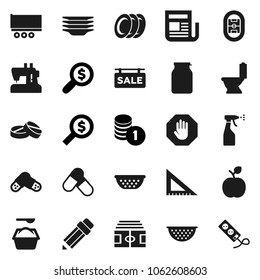 Flat vector icon set - toilet vector, washing powder, sprayer, plates, colander, jar, pencil, corner ruler, apple fruit, coin stack, money search, stadium, pills, truck trailer, newspaper, stop