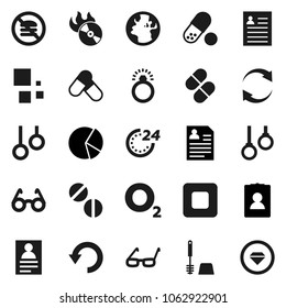 Flat vector icon set - toilet brush vector, glasses, personal information, pie graph, pills, no fastfood, gymnast rings, oxygen, earth, music hit, stop button, refresh, undo, loading, 24 hour