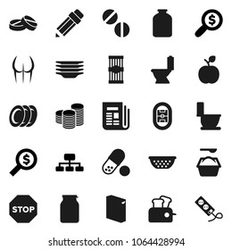 Flat vector icon set - toilet vector, washing powder, plates, colander, jar, pasta, pencil, apple fruit, coin stack, money search, hierarchy, buttocks, pills, stadium, newspaper, stop, toaster