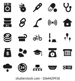 Flat vector icon set - toilet brush vector, washer, garbage pile, colander, scales, double boiler, graduate hat, hierarchy, bike, pills, music hit, link, thermometer, stethoscope, tomography, sperm