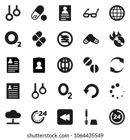 Flat vector icon set - toilet brush vector, glasses, personal information, pills, no fast food, gymnast rings, oxygen, music hit, backward button, cloud network, refresh, undo, loading, globe