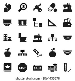 Flat vector icon set - toilet vector, colander, cookbook, corner ruler, apple fruit, coin stack, money search, hierarchy, pills, satellite, truck trailer, Railway carriage, stop, sale signboard